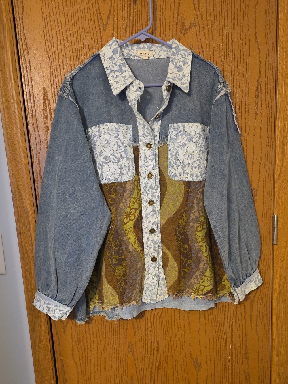 Boho Lace-Trim Denim Jacket with Patterned Front Ptp 24,L 29 Nwot